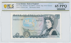 GREAT BRITAIN: 5 Pounds (ND 1980-87) in blue-black and blue on multicolor unpt. Queen Elizabeth II in court robes at right on face. S/N: "EX20 611183"...