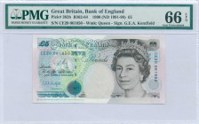 GREAT BRITAIN: 5 Pounds [1990 (ND 1991-98)] in dark brown and deep blue-green on multicolor unpt. Queen Elizabeth II at right on face. S/N: "CE20 0618...