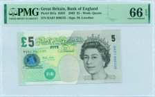 GREAT BRITAIN: 5 Pounds (2002) in brown and green on multicolor unpt. Queen Elizabeth II at right on face. Low S/N: "HA01 000335". WMK: Queen Elizabet...