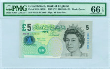 GREAT BRITAIN: 5 Pounds [2000 (ND 2002-03)] in brown and green on multicolor unpt. Queen Elizabeth II at right on face. S/N: "HD38 613903". WMK: Queen...