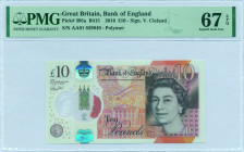 GREAT BRITAIN: 10 Pounds (2016) in brown and orange. Portrait of Queen Elizabeth II at right on face. S/N: "AA01 859949". Signature by Victoria Clelan...