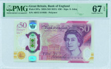 GREAT BRITAIN: 50 Pounds [2020 (ND 2021)] in purple and red-brown on multicolor unpt. Portrait of Queen Elizabeth II at right on face. S/N: "AB12 5144...
