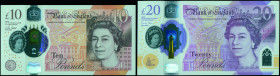 GREAT BRITAIN: Lot of 2 banknotes composed of 10 Pounds (2016) & 20 Pounds (2018). Portrait of Queen Elizabeth II at right on face. S/Ns: "CD17 203502...