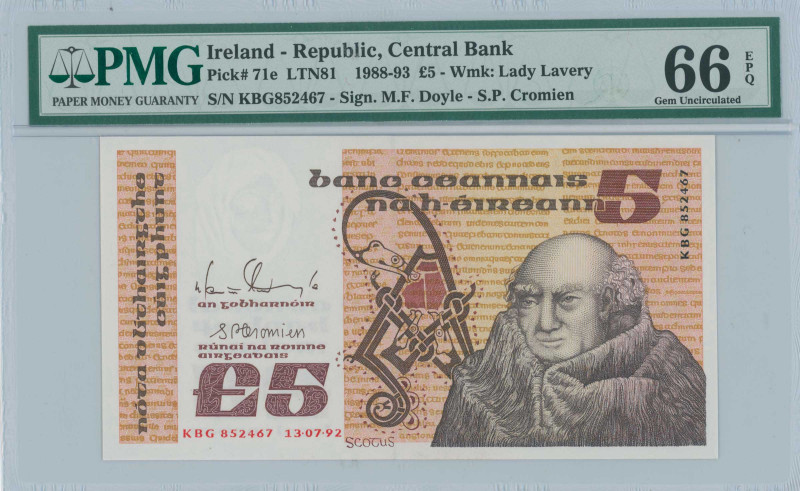 IRELAND REPUBLIC: 5 Pounds (13.7.1992) in brown and red-violet on multicolor unp...