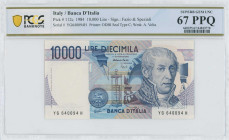 ITALY: 10000 Lire (1984) in dark blue on multicolor unpt. Lab instrument at center and A Volta at right on face. S/N: "YG 640094 H". WMK: Volta. Signa...