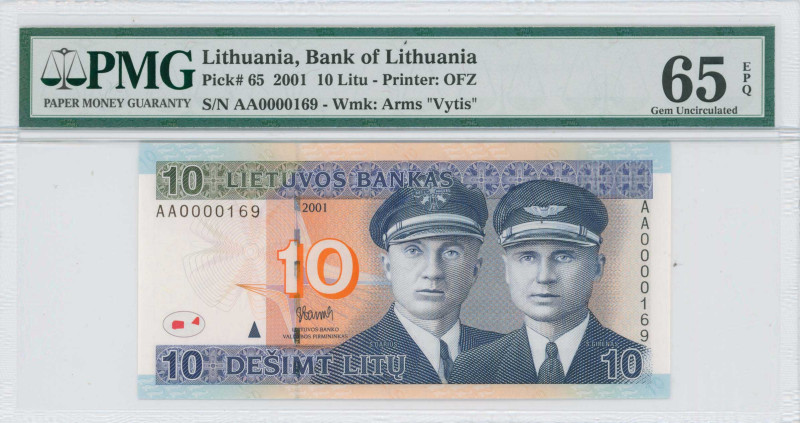 LITHUANIA: 10 Litu (2001) in violet and blue on multicolor unpt. Aviators Stepon...