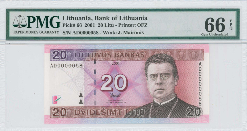 LITHUANIA: 20 Litu (2001) in dark brown on multicolor unpt. Jonas Maironis at ri...