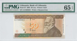 LITHUANIA: 50 Litu (2003) in brown and green on ochre and multicolor unpt. Jonas Basanavicius at right on face. S/N: "AJ 1688883". WMK: Basanavicius. ...