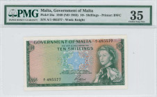 MALTA: 10 Shillings (Law 1949 / ND 1963) in green and blue on multicolor unpt. Queen Elizabeth II at right on face. S/N: "A/1 485577". WMK: Knight. Pr...