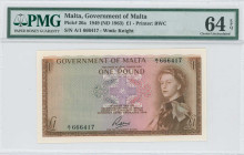 MALTA: 5 Pounds (Law 1949 / ND 1963) in brown and violet on multicolor unpt. Queen Elizabeth II at right on face. S/N: "A/1 666417". WMK: Knight. Prin...