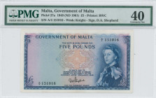 MALTA: 5 Pounds (Law 1949 / ND 1961) in blue on multicolor unpt. Queen Elizabeth II at right on face. S/N: "A/4 151016". WMK: Knight. Signature by She...