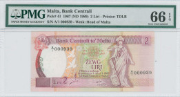 MALTA: 2 Liri (Law 1967 / ND 1989) in purple on multicolor unpt. Malta standing with rudder at center on face. Low S/N: "A/1 000939". WMK: Head of Mal...