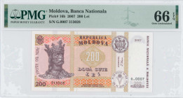 MOLDOVA: 200 Lei (2007) in purple on multicolor unpt. King Stefan at left, arms at upper center-right on face. S/N: "G.0007 313028". WMK: King Stefan....