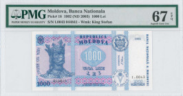 MOLDOVA: 1000 Lei [1992 (ND 2003)] in blue and purple on multicolor unpt. King Stefan at left on face. S/N: "I.0043 044841". WMK: King Stefan. Printed...