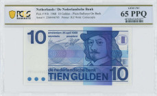 NETHERLANDS: 10 Gulden (25.4.1968) in dark blue on violet and multicolor unpt. Stylized self-portrait of Frans Hals at right on face. S/N: "2260446705...