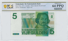 NETHERLANDS: 5 Gulden (28.3.1973) in dark green on green and multicolor unpt. Joost van den Vondel at right on face. S/N: "0244822482". WMK: Inkwell, ...