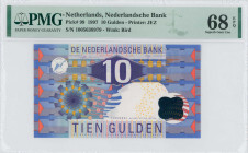 NETHERLANDS: 10 Gulden (1.7.1997) in purple and blue-violet on multicolor unpt. Value and geometric designs on face. S/N: "1005638979". WMK: Bird. Pri...