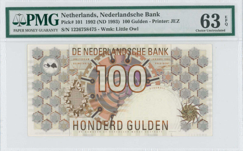 NETHERLANDS: 100 Gulden [9.1.1992 / (ND 1993)] in dark and light brown, gray and...