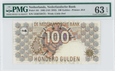 NETHERLANDS: 100 Gulden [9.1.1992 / (ND 1993)] in dark and light brown, gray and gold on multicolor unpt. Value and geometric designs on face. S/N: "1...