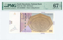NORTH MACEDONIA: 100 Denari (5.2004) in brown on multicolor unpt. Baroque wooden ceiling rosette in Debar town house at center-left on face. S/N: "GD ...