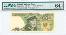 POLAND: 50 Zlotych (9.5.1975) in olive-green on multicolor unpt. Karol Swierczewski at center and eagle at lower right on face. S/N: "BK 1749682". WMK...