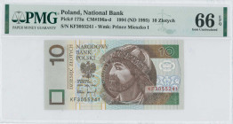 POLAND: 10 Zlotych (25.3.1994) in dark brown, brown and olive-green on multicolor unpt. Prince Mieszko I at center right, arms at upper center-left on...