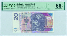 POLAND: Lot of 2 banknotes of 2x 20 Zlotych (5.1.2012) in purple and deep blue on multicolor unpt. King Boleslaw I on face. Consecutive S/Ns: "AZ 9526...