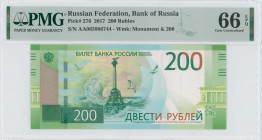 RUSSIA: 200 Rubles (2017) in green and multicolor. Monument with waves and gulls on face. S/N: "AA 065986744". WMK: Monument & value "200". Inside hol...