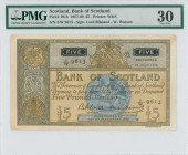 SCOTLAND: 5 Pounds (1957-60) in blue and light brown. Arms of Bank at top and seal in center on face. S/N: "5/W 9613". Printed by W&S. Signatures by B...