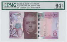 SCOTLAND: 20 Pounds (17.9.2007) in violet on multicolor unpt. Sir Walter Scott at center on face. S/N: "AR 588636". WMK: W Scott & value "20". Printed...