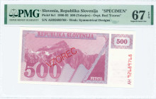 SLOVENIA: Specimen of 500 Tolarjev (1992) in deep lilac and red on pink and pale blue unpt. Triglav mountain peak at center-left on face. S/N: "AH 926...