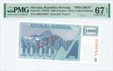 SLOVENIA: Specimen of 1000 Tolarjev (1992) in dark blue-gray and gray on light gray and pale blue unpt. Triglav mountain peak at center-left on face. ...
