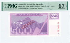 SLOVENIA: Specimen of 5000 Tolarjev (1992) in purple and lilac on pink unpt. Triglav mountain peak at center-left on face. S/N: "DA 92365674". Red dia...