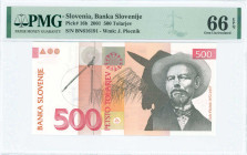 SLOVENIA: 500 Tolarjev (15.1.2001) in black, red and brown-orange on multicolor unpt. Joze Plecnik at right on face. S/N: "BN 616191". WMK: Plecnik. P...