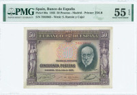 SPAIN: 50 Pesetas (22.7.1935) in purple and black on multicolor unpt. Santiago Ramon y Cajal at right on face. S/N: "7883863". WMK: Santiago Ramo y Ca...