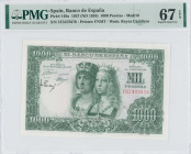SPAIN: 1000 Pesetas (ND 1958 / 29.11.1957) in green. Reyes Catolicos at center on face. S/N: "1E 5475878". WMK: Reyes Catolicos. Printed by FNMT. Insi...