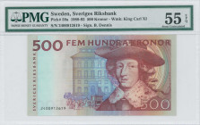SWEDEN: 500 Kronor (1989-92) in red and multicolor unpt. King Carl XI at right on face. S/N: "2400912619". WMK: King Carl XI. Inside holder by PMG "Ab...