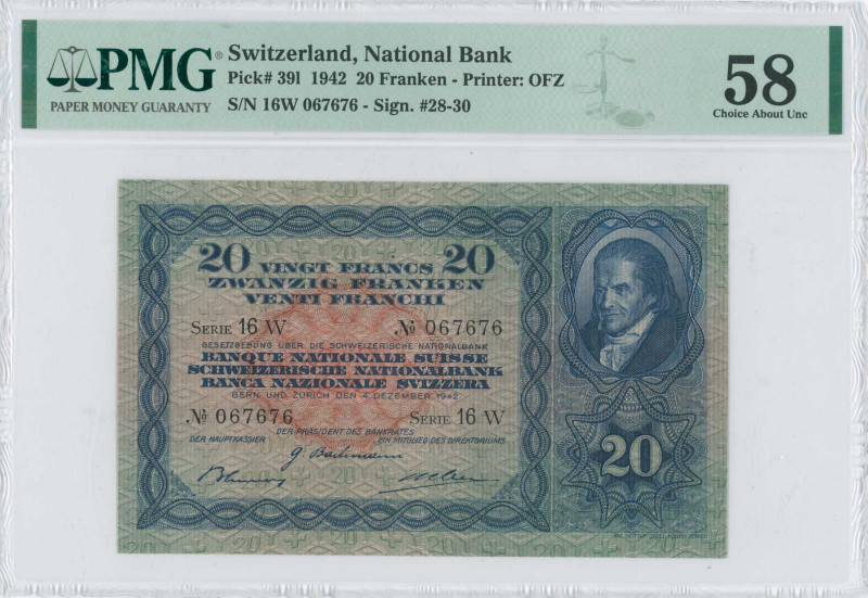 SWITZERLAND: 20 Franken (4.12.1942) in dark blue on red unpt. Portrait of Johann...
