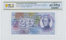 SWITZERLAND: 20 Franken (10.2.1971) in blue on multicolor unpt. General Guillaume-Henri Dufour at right on face. S/N: "76A 092823". Signatures by Gall...