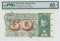 SWITZERLAND: 50 Franken (21.1.1965) in green and red on multicolor unpt. Girl at upper right on face. S/N: "19K 79973". Signatures #39-41. Printed by ...