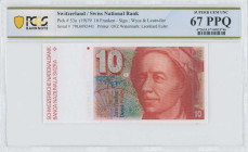 SWITZERLAND: 10 Franken (1979) in orange-brown and multicolor. Leonhard Euler at right on face. S/N: "79L 6092441". WMK: Euler. Signatures by Wyss & L...