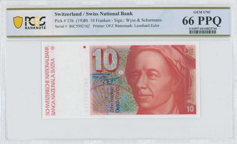 SWITZERLAND: 10 Franken (1980) in orange-brown and multicolor. Leonhard Euler at...