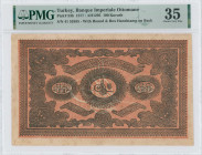 TURKEY: 100 Kurush (AH1295 / 1877) in black on orange-brown unpt. Toughra at center on face. S/N: "41 53585". Round and box handstamps of Banque Imper...