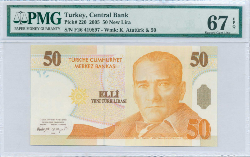 TURKEY: 50 new Lira (2005) in orange. President Kemal Ataturk at center-right on...