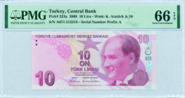 TURKEY: 10 Lira (2009) in rose on multicolor unpt. Kemal Ataturk at right on face. S/N: "A671 512218". WMK: K Ataturk & value "10". Inside holder by P...