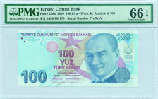 TURKEY: 100 Lira (2009) in light blue and rose on multicolor unpt. Kemal Ataturk at right on face. S/N: "A569 488179". WMK: K Ataturk & value "100". I...
