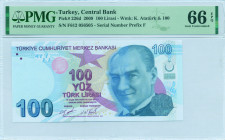 TURKEY: 100 Lira (ND 2009) in light blue and rose unpt. Kemal Ataturk at right on face. S/N: "F612056505" with prefix F. WMK: K. Ataturk & value "100"...