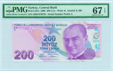 TURKEY: 200 Lira (ND 2009) in purple and light blue on multicolor unpt. Kemal Ataturk at right on face. S/N: "A029 679276". WMK: K Ataturk & value "20...