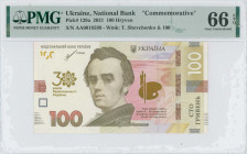 UKRAINE: 100 Hryven (2021) in green and burgundy on multicolor unpt. Taras Shevchenko at center on face. S/N: "AA 0018599". WMK: T. Shevchenko & value...