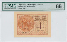 YUGOSLAVIA: 1 Dinar (ND 1919) in orange-brown on light tan unpt. Helmeted man at left on face. S/N: "63E 019751". Inside holder by PMG "Gem Uncirculat...